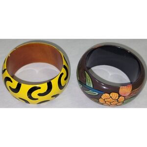 2 Vintage Chunky Wooden Bangle Bracelets Multicolor Floral Abstract 1980s Retro